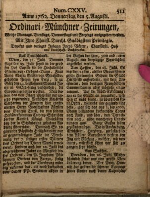 Ordinari-Münchner-Zeitungen (Süddeutsche Presse) Donnerstag 5. August 1762