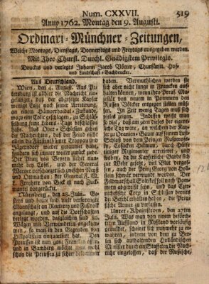 Ordinari-Münchner-Zeitungen (Süddeutsche Presse) Montag 9. August 1762