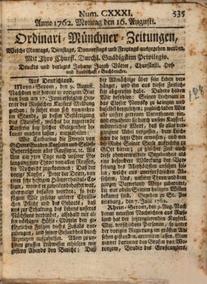 Ordinari-Münchner-Zeitungen (Süddeutsche Presse) Montag 16. August 1762