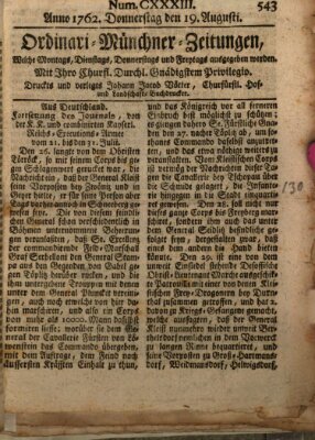 Ordinari-Münchner-Zeitungen (Süddeutsche Presse) Donnerstag 19. August 1762