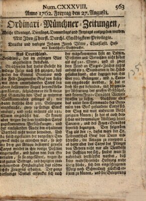 Ordinari-Münchner-Zeitungen (Süddeutsche Presse) Freitag 27. August 1762