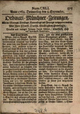 Ordinari-Münchner-Zeitungen (Süddeutsche Presse) Donnerstag 2. September 1762