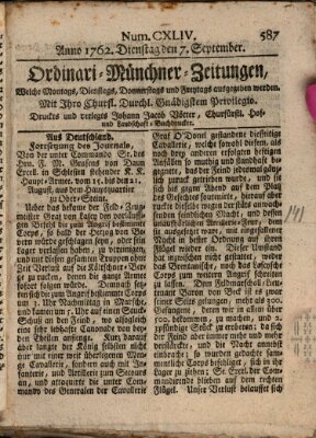 Ordinari-Münchner-Zeitungen (Süddeutsche Presse) Dienstag 7. September 1762