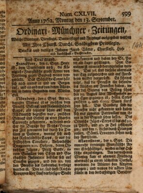 Ordinari-Münchner-Zeitungen (Süddeutsche Presse) Montag 13. September 1762