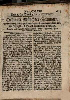 Ordinari-Münchner-Zeitungen (Süddeutsche Presse) Dienstag 14. September 1762