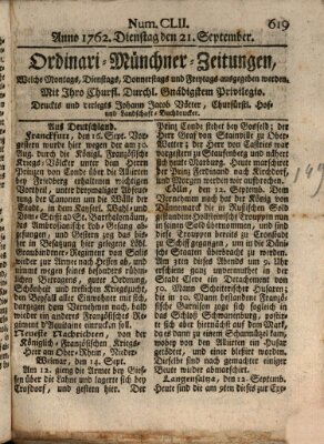 Ordinari-Münchner-Zeitungen (Süddeutsche Presse) Dienstag 21. September 1762