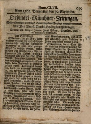 Ordinari-Münchner-Zeitungen (Süddeutsche Presse) Donnerstag 30. September 1762