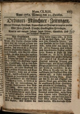 Ordinari-Münchner-Zeitungen (Süddeutsche Presse) Montag 11. Oktober 1762