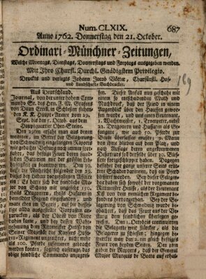 Ordinari-Münchner-Zeitungen (Süddeutsche Presse) Donnerstag 21. Oktober 1762