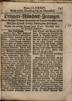 Ordinari-Münchner-Zeitungen (Süddeutsche Presse) Dienstag 16. November 1762