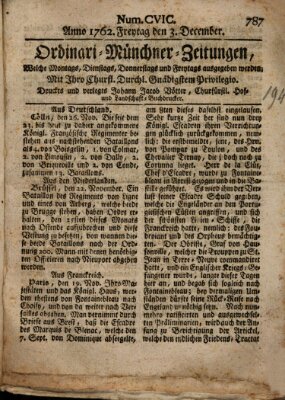 Ordinari-Münchner-Zeitungen (Süddeutsche Presse) Freitag 3. Dezember 1762