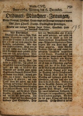 Ordinari-Münchner-Zeitungen (Süddeutsche Presse) Montag 6. Dezember 1762