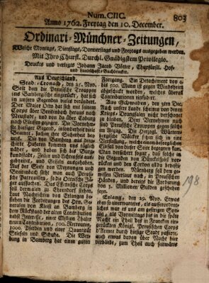 Ordinari-Münchner-Zeitungen (Süddeutsche Presse) Freitag 10. Dezember 1762