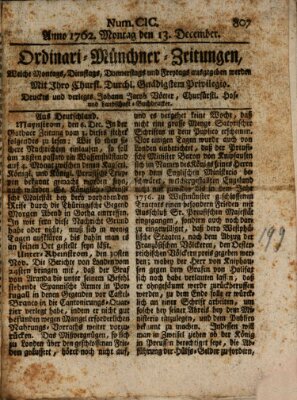 Ordinari-Münchner-Zeitungen (Süddeutsche Presse) Montag 13. Dezember 1762