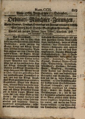 Ordinari-Münchner-Zeitungen (Süddeutsche Presse) Freitag 17. Dezember 1762