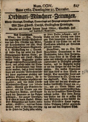 Ordinari-Münchner-Zeitungen (Süddeutsche Presse) Dienstag 21. Dezember 1762