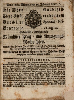 Ordinari-Münchner-Zeitungen (Süddeutsche Presse) Mittwoch 10. Februar 1762