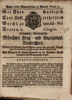 Ordinari-Münchner-Zeitungen (Süddeutsche Presse) Mittwoch 17. März 1762