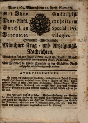 Ordinari-Münchner-Zeitungen (Süddeutsche Presse) Mittwoch 21. April 1762