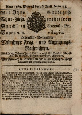 Ordinari-Münchner-Zeitungen (Süddeutsche Presse) Mittwoch 16. Juni 1762