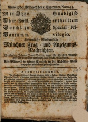 Ordinari-Münchner-Zeitungen (Süddeutsche Presse) Mittwoch 8. September 1762