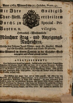 Ordinari-Münchner-Zeitungen (Süddeutsche Presse) Mittwoch 20. Oktober 1762