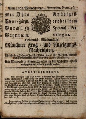 Ordinari-Münchner-Zeitungen (Süddeutsche Presse) Mittwoch 24. November 1762