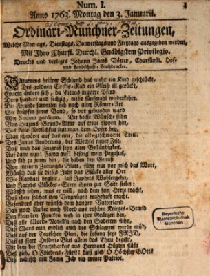 Ordinari-Münchner-Zeitungen (Süddeutsche Presse) Montag 3. Januar 1763