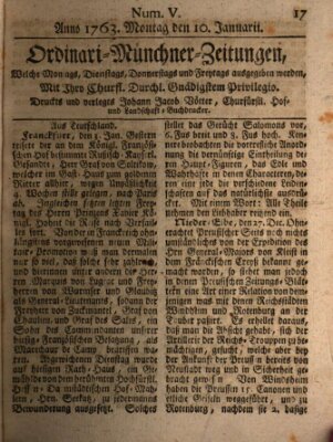 Ordinari-Münchner-Zeitungen (Süddeutsche Presse) Montag 10. Januar 1763