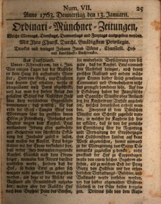 Ordinari-Münchner-Zeitungen (Süddeutsche Presse) Donnerstag 13. Januar 1763