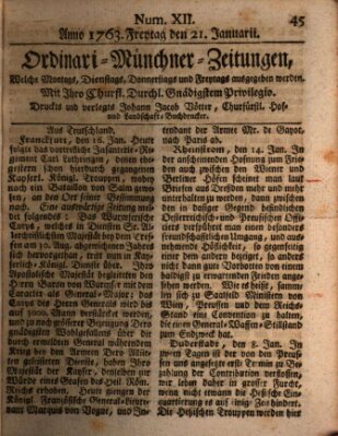 Ordinari-Münchner-Zeitungen (Süddeutsche Presse) Freitag 21. Januar 1763