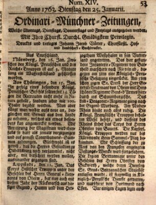 Ordinari-Münchner-Zeitungen (Süddeutsche Presse) Dienstag 25. Januar 1763