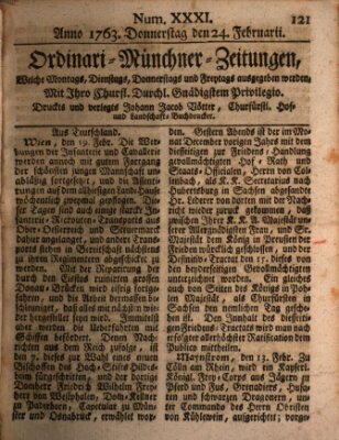 Ordinari-Münchner-Zeitungen (Süddeutsche Presse) Donnerstag 24. Februar 1763