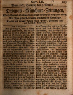 Ordinari-Münchner-Zeitungen (Süddeutsche Presse) Dienstag 5. April 1763