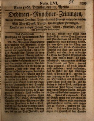 Ordinari-Münchner-Zeitungen (Süddeutsche Presse) Dienstag 12. April 1763