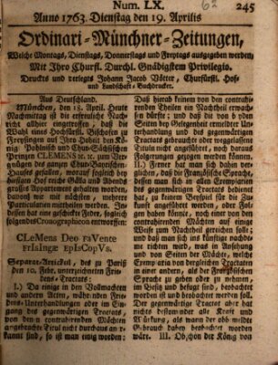 Ordinari-Münchner-Zeitungen (Süddeutsche Presse) Dienstag 19. April 1763