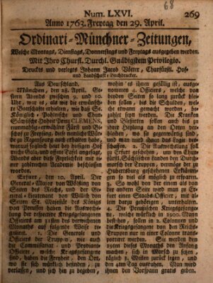 Ordinari-Münchner-Zeitungen (Süddeutsche Presse) Freitag 29. April 1763