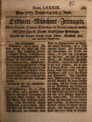 Ordinari-Münchner-Zeitungen (Süddeutsche Presse) Donnerstag 9. Juni 1763