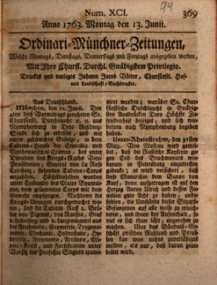 Ordinari-Münchner-Zeitungen (Süddeutsche Presse) Montag 13. Juni 1763