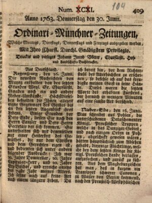 Ordinari-Münchner-Zeitungen (Süddeutsche Presse) Donnerstag 30. Juni 1763