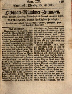 Ordinari-Münchner-Zeitungen (Süddeutsche Presse) Montag 18. Juli 1763