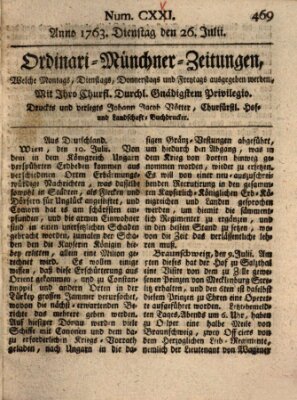 Ordinari-Münchner-Zeitungen (Süddeutsche Presse) Dienstag 26. Juli 1763