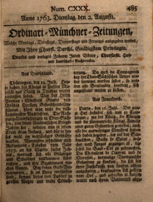 Ordinari-Münchner-Zeitungen (Süddeutsche Presse) Dienstag 2. August 1763