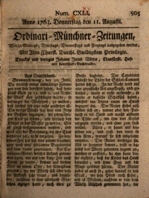 Ordinari-Münchner-Zeitungen (Süddeutsche Presse) Donnerstag 11. August 1763