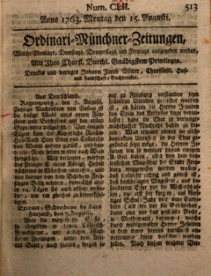 Ordinari-Münchner-Zeitungen (Süddeutsche Presse) Montag 15. August 1763