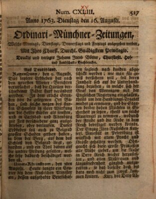 Ordinari-Münchner-Zeitungen (Süddeutsche Presse) Dienstag 16. August 1763