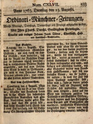 Ordinari-Münchner-Zeitungen (Süddeutsche Presse) Dienstag 23. August 1763