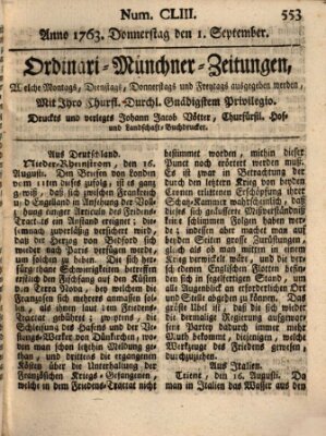 Ordinari-Münchner-Zeitungen (Süddeutsche Presse) Donnerstag 1. September 1763