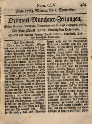 Ordinari-Münchner-Zeitungen (Süddeutsche Presse) Montag 5. September 1763