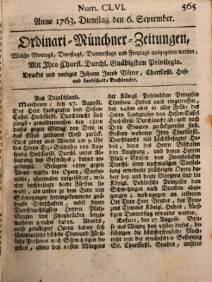 Ordinari-Münchner-Zeitungen (Süddeutsche Presse) Dienstag 6. September 1763